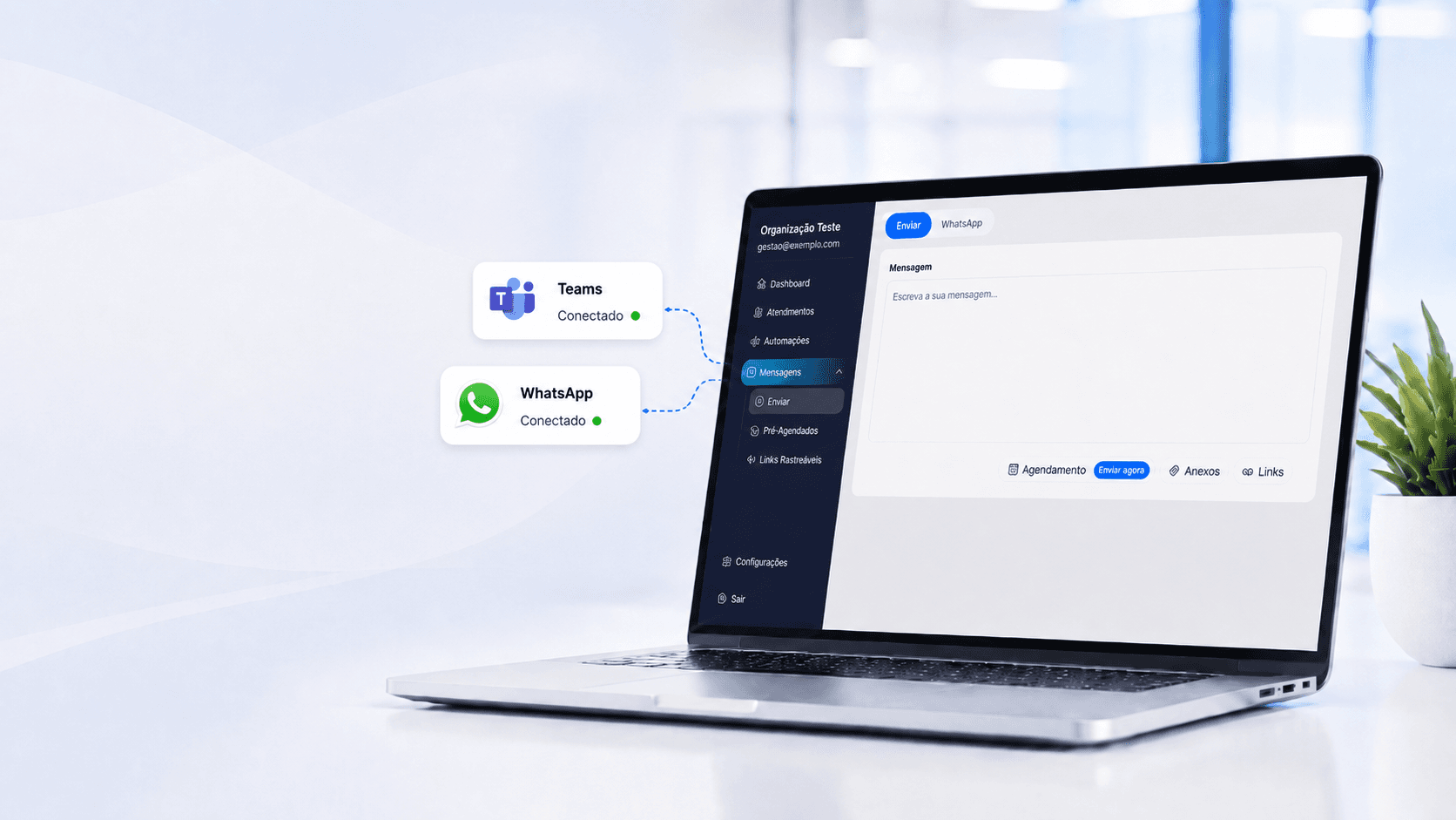 Channels integration mockup with Teams and WhatsApp